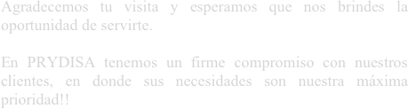 Agradecemos tu visita y esperamos que nos brindes la oportunidad de servirte.

En PRYDISA tenemos un firme compromiso con nuestros clientes, en donde sus necesidades son nuestra máxima prioridad!!